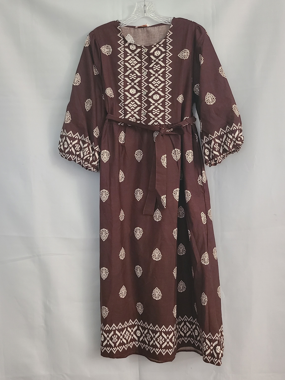 NWT Spighe Di Lino Sz L Brown White Cotton Waist Tie Pockets Casual Midi Dress